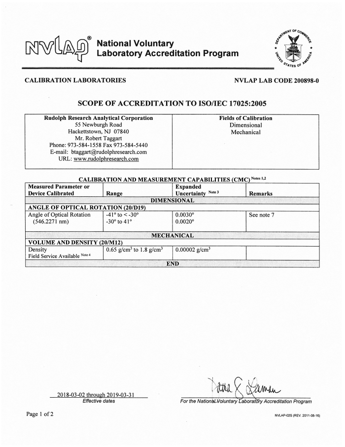 Rudolph Research NVLAP Certification Scope Page 1