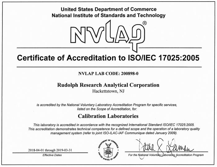 NVLAP 2019 Certification for Rudolph Research Analytical